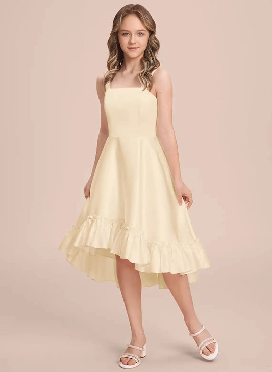 Elegant A Line Square Neck Sleeveless Bow Back Midi Junior Bridesmaid Dress