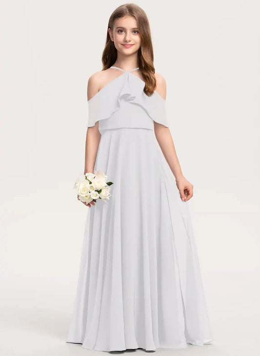 Elegant A Line Halter Cold Shoulder Backless Floor Length Junior Bridesmaid Dress