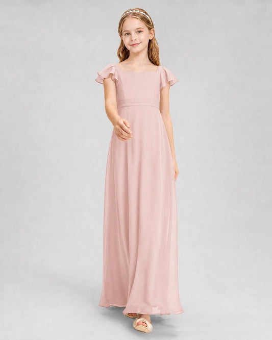 Elegant A Line Square Neck Flutter Sleeve Tie Back Maxi Bridesmaid Dress