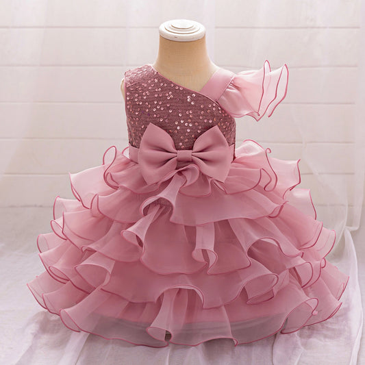 Sparkly A?Line One?Shoulder Single Fly Sleeve Zipper?Back Mini Baby Girl Party Dress