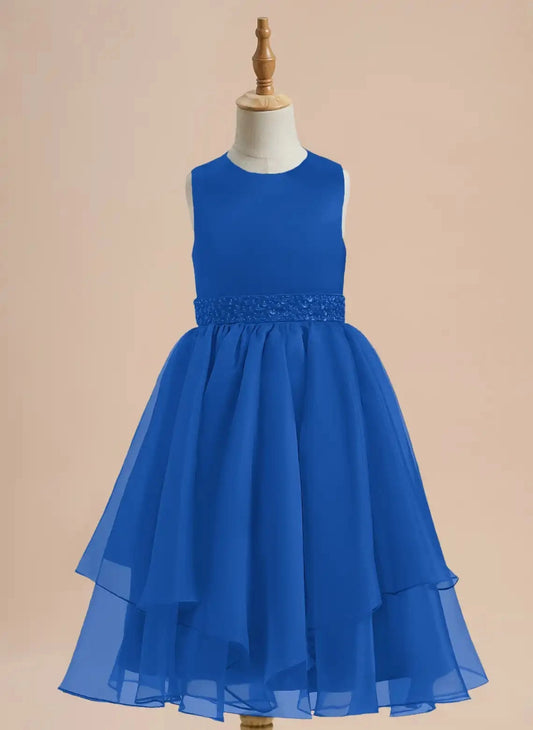 Elegant A Line Round Neck Sleeveless Zip Back Tea Length Girls Dress