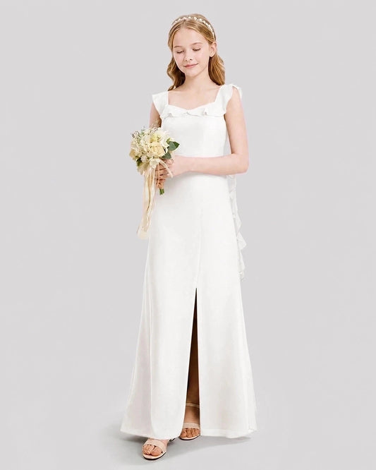 Elegant A Line Square Neck Ruffle Sleeve V Back Maxi Junior Bridesmaid Dress