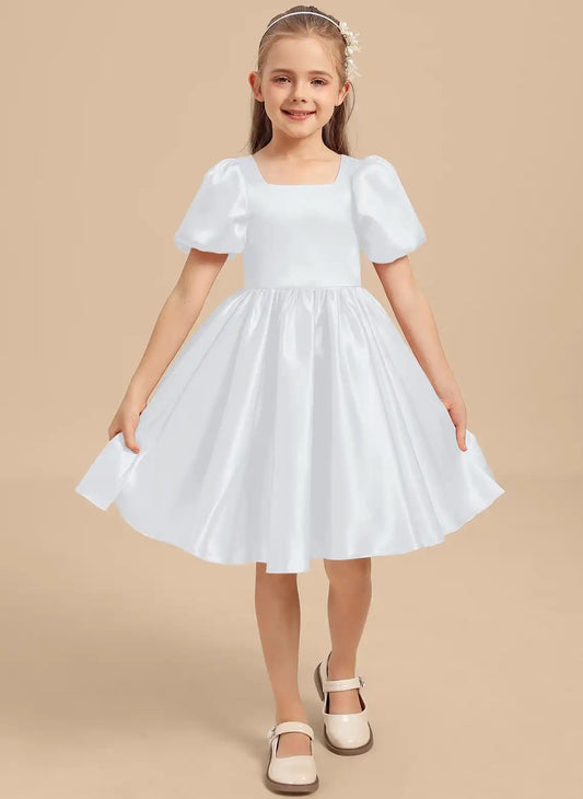 Elegant A Line Square Neck Puff Sleeve Cutout Back Knee Length Girls Dress