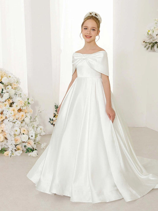 Elegant A?Line Off?The?Shoulder Short Sleeve Big Bow Back Train First Communion Dress