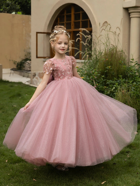 Elegant Ball Gown Round Neck Puff Sleeve V-Back Floor-Length Flower Girl Dress