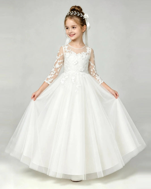 Elegant A Line Illusion Neck Lace Sleeves Button Back Floor Length Communion Dress