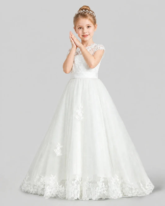 Elegant A Line Round Neck Short Sleeve V Back Floor Length Communion Dress
