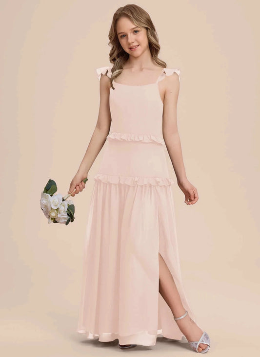 Elegant A Line Square Neck Ruffle Sleeve Low Back Junior Bridesmaid Dress