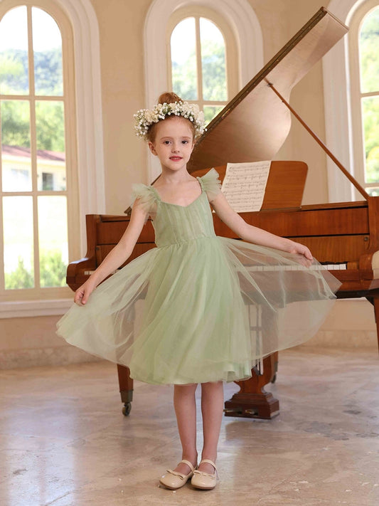 Whimsical A-Line Sweetheart Ruffle Sleeve V-Back Flower Girl Dress