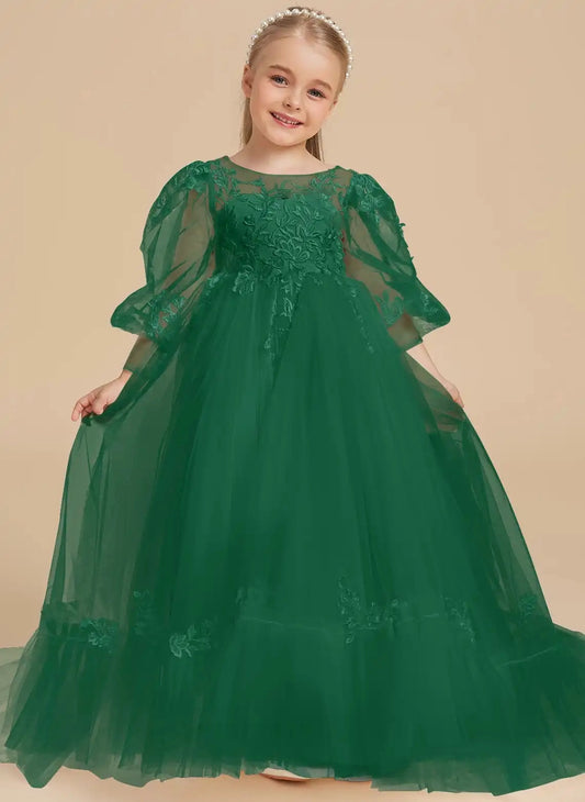 Elegant A Line Illusion Neck Puff Sleeve Button Back Floor Length Flower Girl Dress
