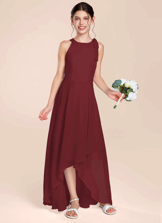 Elegant A Line Round Neck Sleeveless Zip Back High Low Junior Bridesmaid Dress