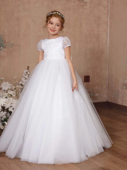 Elegant A?Line Round Neck Short Sleeve Zipper Back Floor Length First Communion Dress