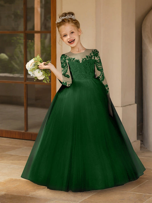 Elegant Ball Gown Illusion Neck 3/4 Sleeve Sheer Bow Back Floor Length Flower Girl Dress