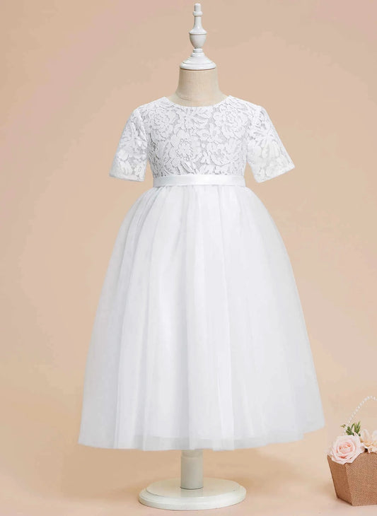 Elegant A Line Round Neck Short Sleeve Zip Back Tea Length Girls Dress