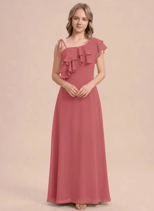 Elegant A Line Asymmetric Neck Ruffle Sleeve Tie Back Maxi Junior Bridesmaid Dress