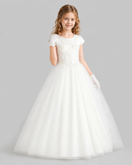 Elegant Ball Gown Round Neck Cap Sleeve Bow Back Floor Length Communion Dress