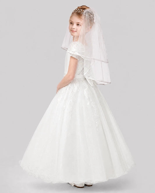 Elegant A Line Round Neck Short Sleeve Closed Back Floor Length Communion Dress