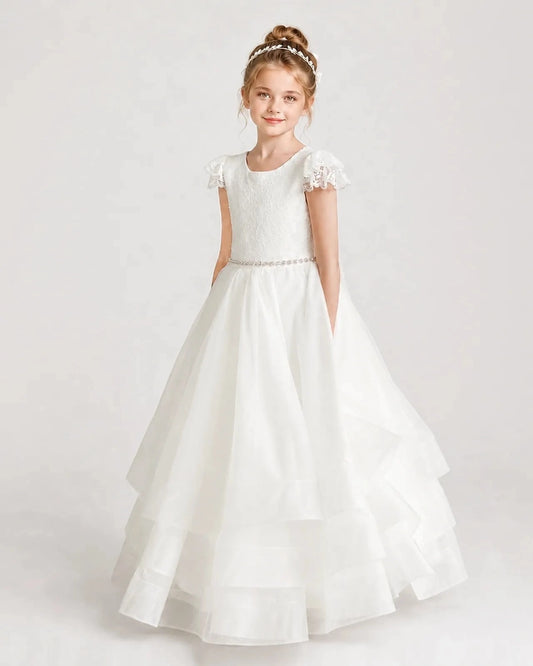 Elegant A Line Round Neck Flutter Sleeve V Back Floor Length Communion Dress