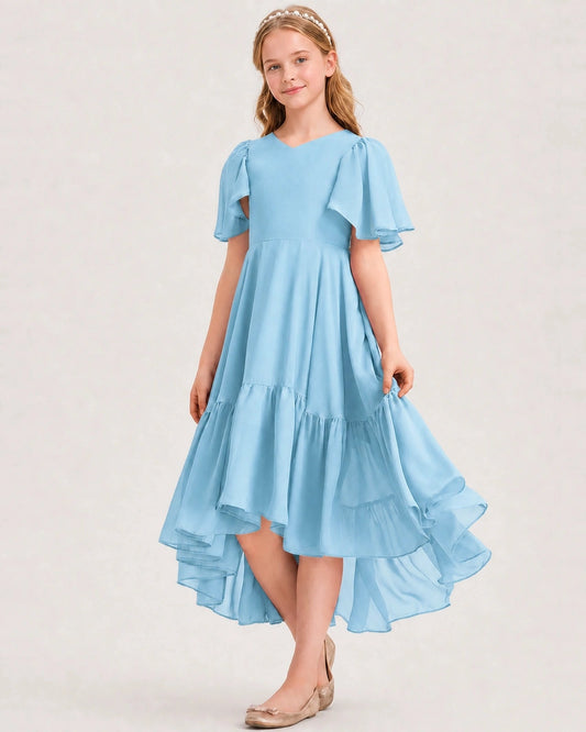 Elegant A Line V Neck Flutter Sleeve V Back High Low Junior Bridesmaid Dress
