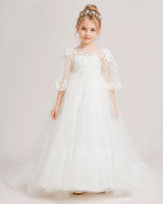 Elegant A Line Round Neck Puff Sleeve Button Back Floor Length Communion Dress