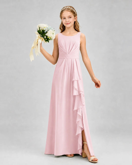 Elegant A-Line Scoop Neck Sleeveless V-Back Floor-Length Junior Bridesmaid Dress