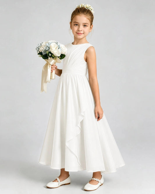 Elegant A Line Round Neck Sleeveless V Back Tea Length Flower Girl Dress