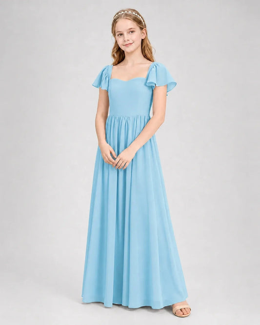 Elegant A-Line Sweetheart Flutter Sleeve Lace-Up Floor-Length Junior Bridesmaid Dress