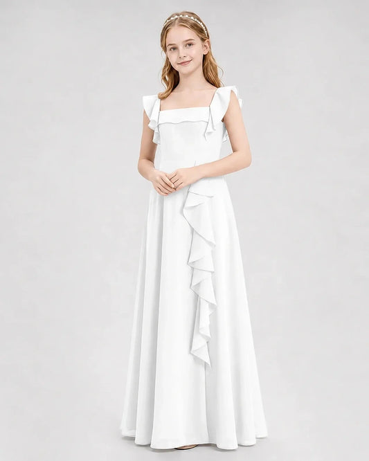 Elegant A Line Square Neck Ruffle Sleeve Tie Back Floor Length Dress