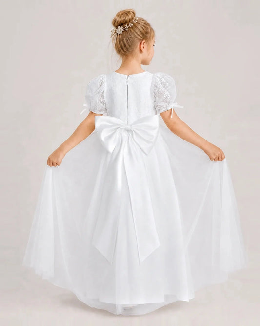 Elegant A Line Round Neck Puff Sleeve Bow Back Maxi Flower Girl Dress