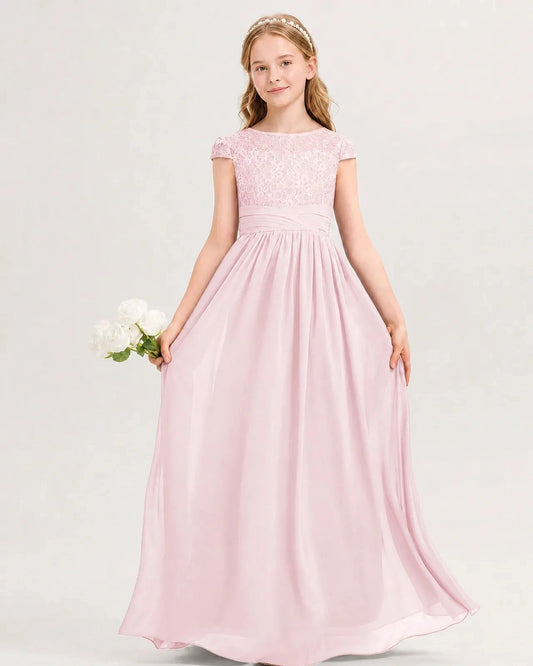 Elegant A Line Round Neck Cap Sleeve Keyhole Back Maxi Flower Girl Dress