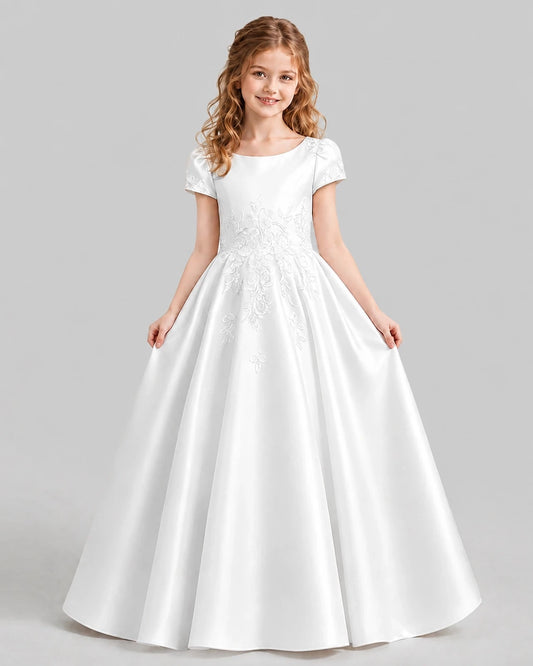 Elegant A Line Scoop Neck Puff Sleeve Closed Back Floor Length Communion Dress