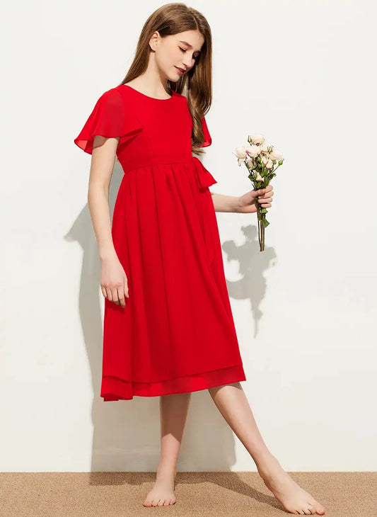 Elegant A Line Round Neck Flutter Sleeve Zip Back Midi Junior Bridesmaid Dress