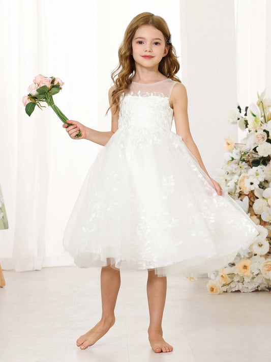 Elegant A?Line Illusion Neck Sleeveless Lace?Up Back Ankle?Length First Communion Dress