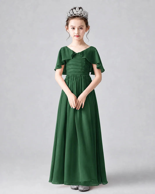 Elegant A-Line V-Neck Flutter Sleeve Strappy Back Floor-Length Junior Bridesmaid Dress