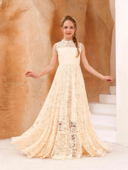 Champagne A?Line High Neck Sleeveless Keyhole Back Maxi Junior Bridesmaid Dress