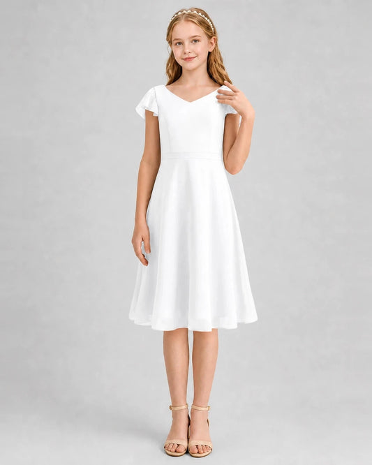 Elegant A Line V Neck Flutter Sleeve Crisscross Back Knee Length Wedding Dress