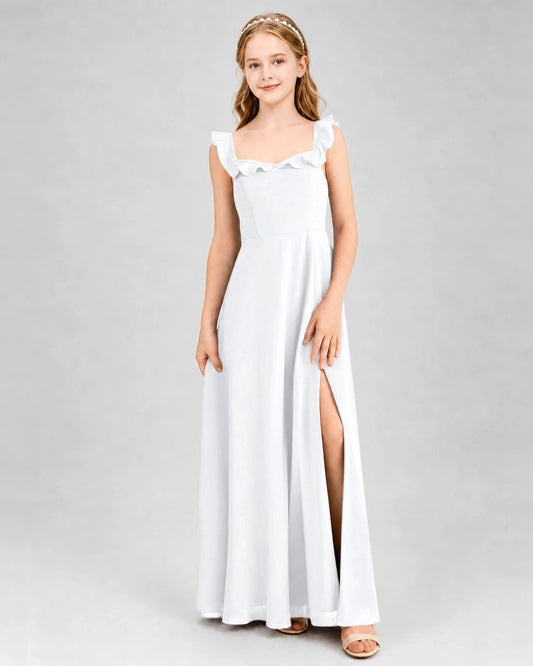 Elegant A Line Square Neck Ruffle Strap Low Back Maxi Dress
