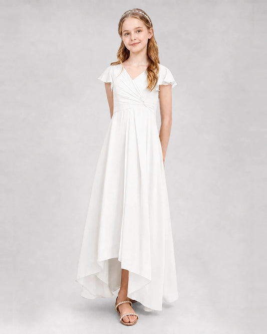 Elegant A-Line V-Neck Flutter Sleeve Zipper Back High-Low Junior Bridesmaid Dress