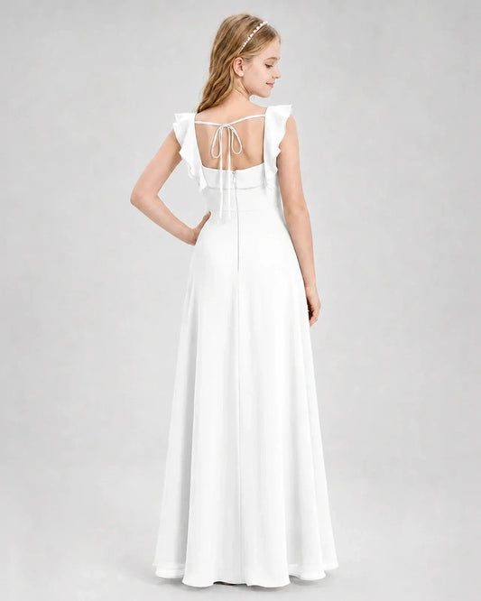 Elegant A Line Square Neck Ruffle Sleeve Tie Back Floor Length Dress