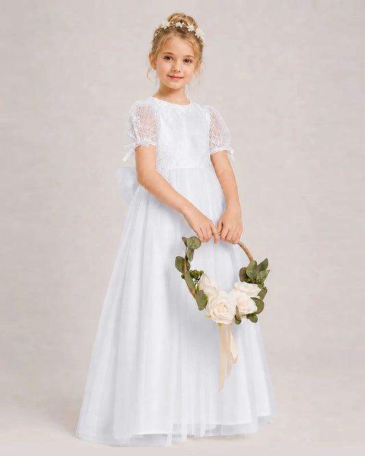 Elegant A Line Round Neck Puff Sleeve Bow Back Maxi Flower Girl Dress