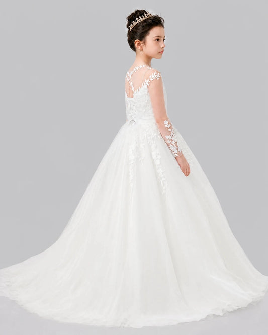 Elegant Ball Gown V Neck Long Sleeve Lace Up Floor Length Communion Dress
