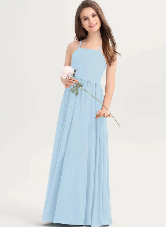 Elegant A Line Square Neck Sleeveless Criss Cross Back Floor Length Bridesmaid Dress