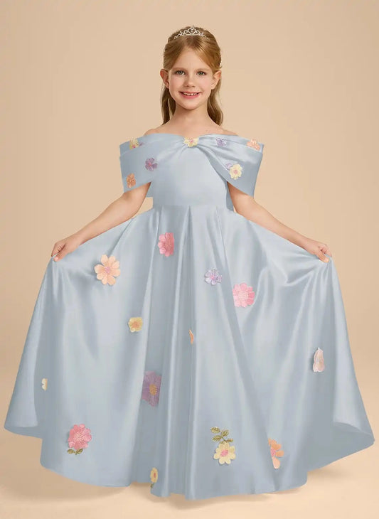 Elegant A Line Off Shoulder Bow Back Floor Length Flower Girl Dress