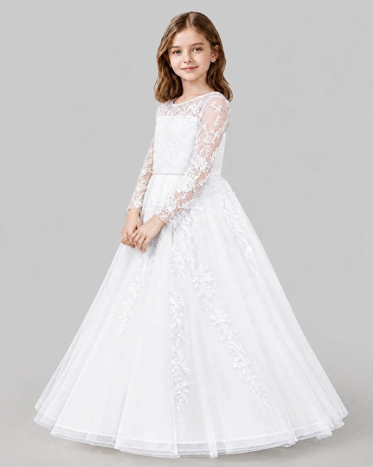 Elegant Ball Gown Round Neck Long Sleeve Bow Back Floor Length Flower Girl Dress