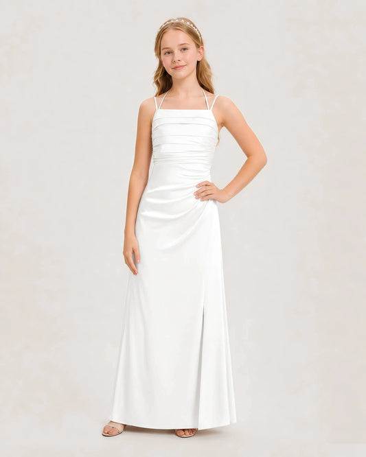 Elegant A Line Square Neck Sleeveless Zipper Back Maxi Junior Bridesmaid Dress