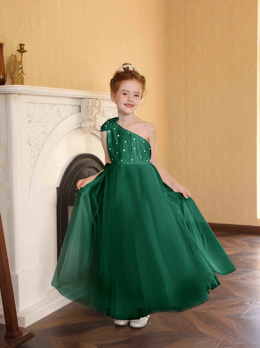 Elegant A?Line One?Shoulder Sleeveless Open?Back Floor?Length Flower Girl Dress