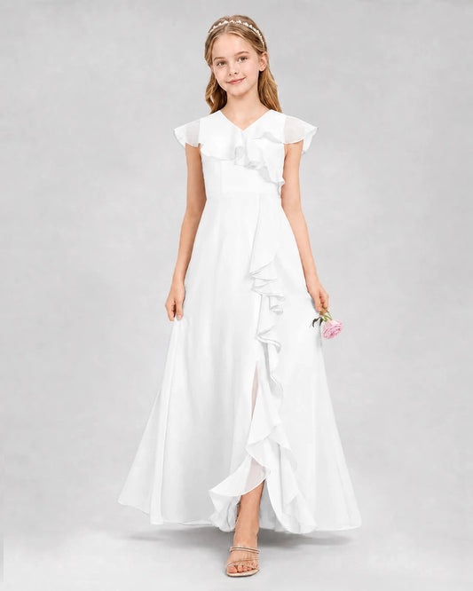 Elegant A Line V Neck Flutter Sleeve V Back Maxi Dress Wedding Junior Bridesmaid Dresses