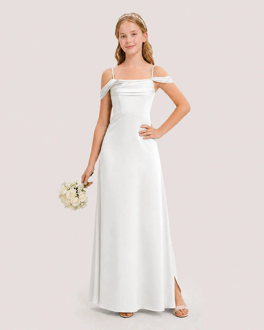 Elegant A Line Square Neck Off Shoulder Zip Back Floor Length Junior Bridesmaid Dress