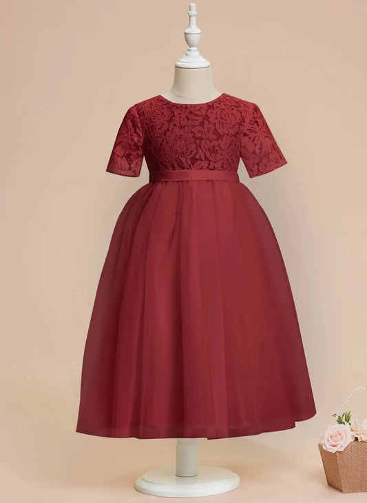 Elegant A Line Round Neck Short Sleeve Zip Back Tea Length Girls Dress