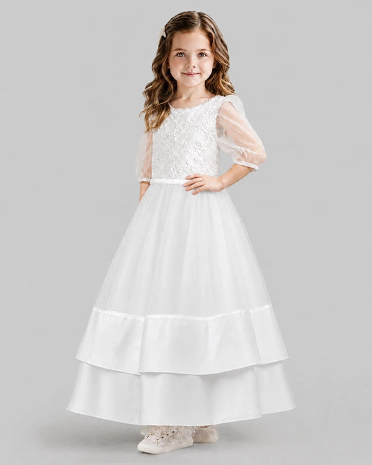 Elegant A Line Round Neck Puff Sleeve Bow Back Long Communion Dress